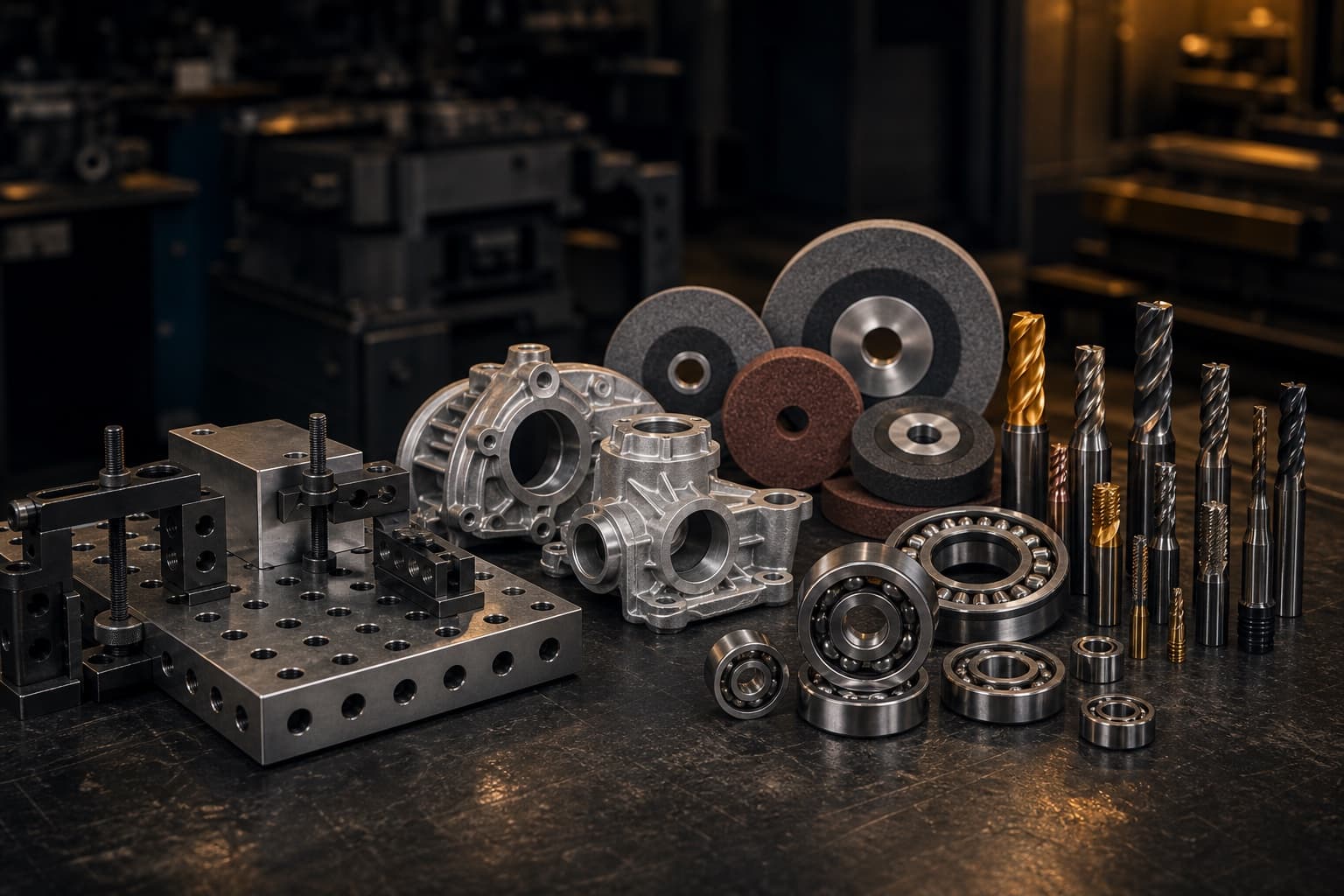 Industrial tools — fixtures, aluminum castings, grinding wheels, bearings, and precision cutting tools